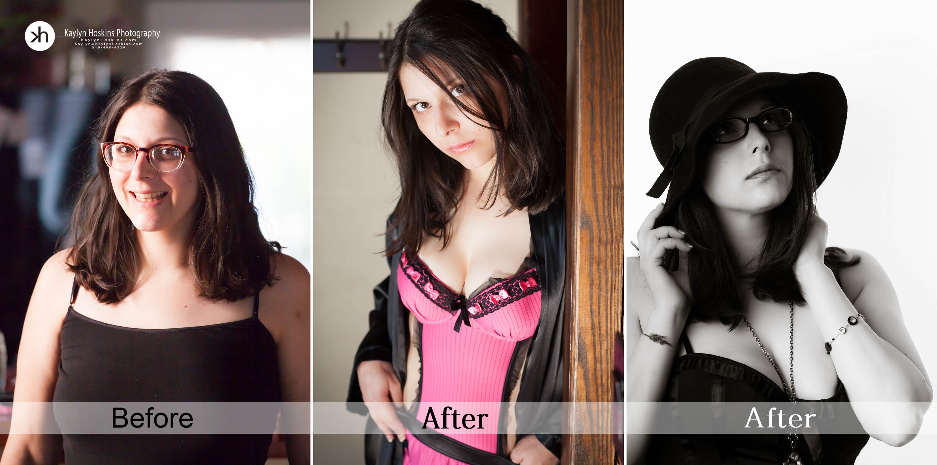 Before After collage of boudoir client