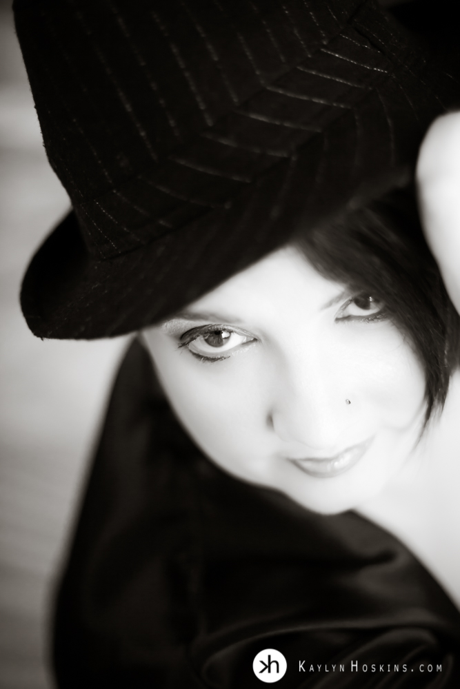 Black and white Boudoir Goddess Mindy in sexy hat 