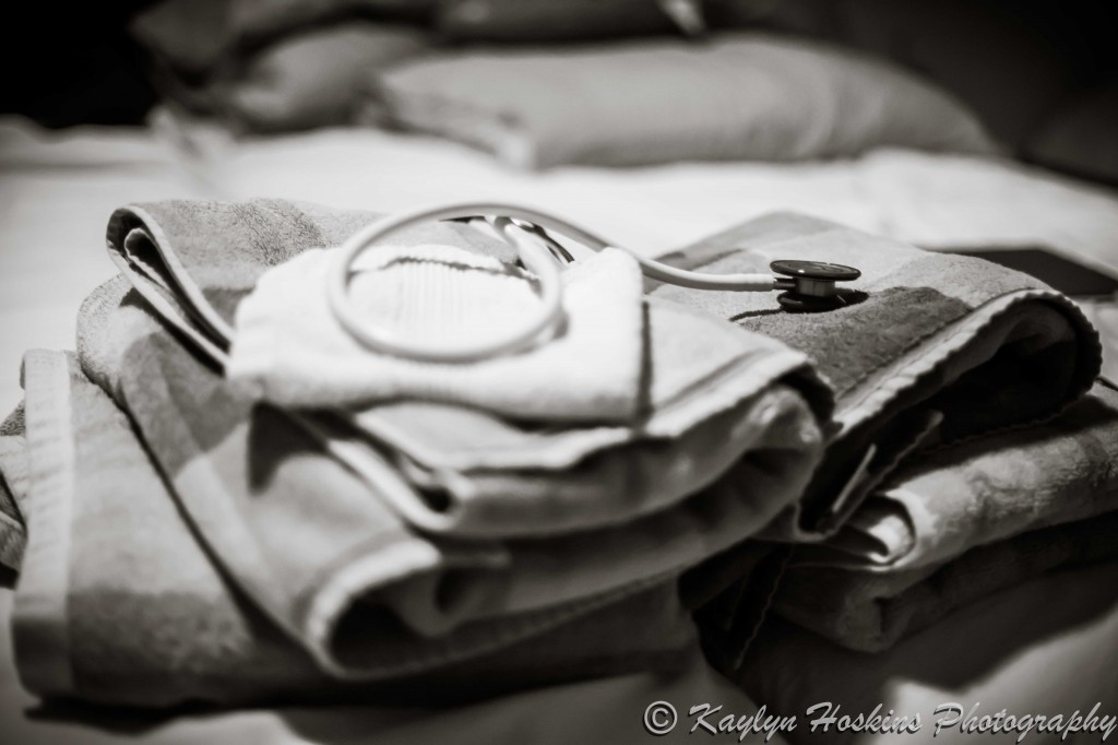 Stethoscope sitting on towels ready for home water birth baby