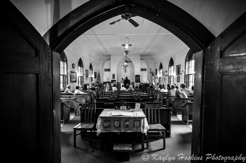 The view from the doors of a wedding at the Little Brown Church in Nashua, IA