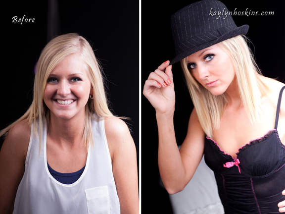 Image on left taken of boudoir client upon her arriving at Kaylyn's Studio Image Image right shows her super duper extra gorgeous of an image from her photography session with Kaylyn Hoskins Photography